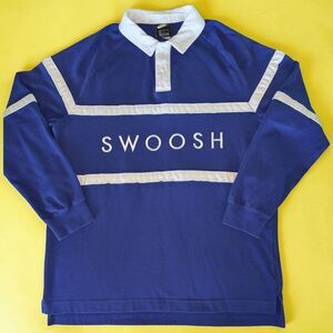 Nike Swoosh Rugby Shirt LARGE Mens Long Sleeve Polo Blue White Jersey Cotton